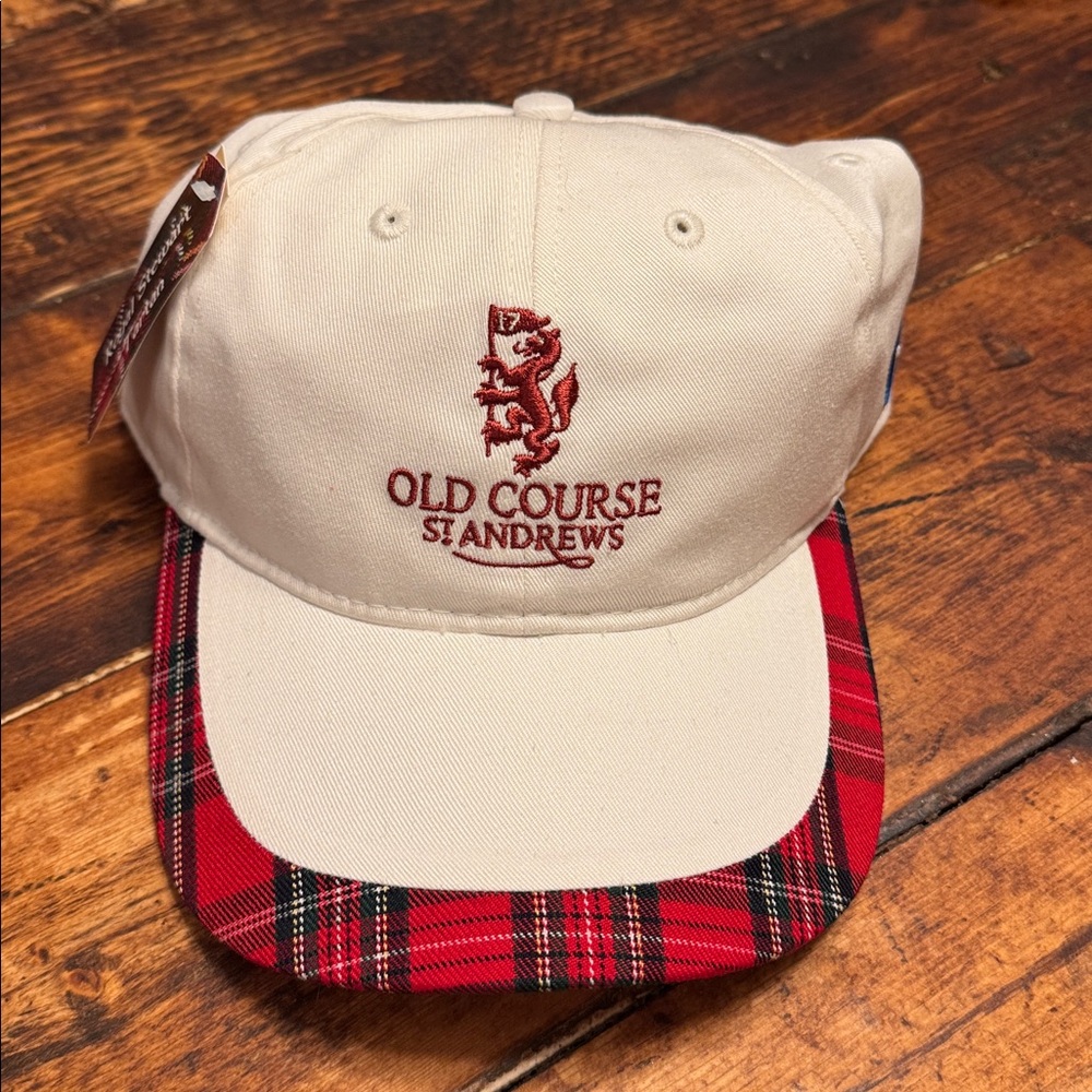 NWT ST. ANDREWS OLD COURSE OS Velcroback White, Red & Black Plaid Hat